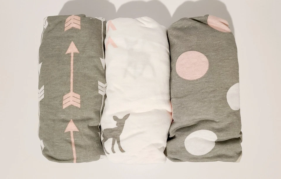 Mini lençóis de berço respiráveis macios ajustados pacote com 3 100% algodão cinza branco rosa - Imagem 4 de 4