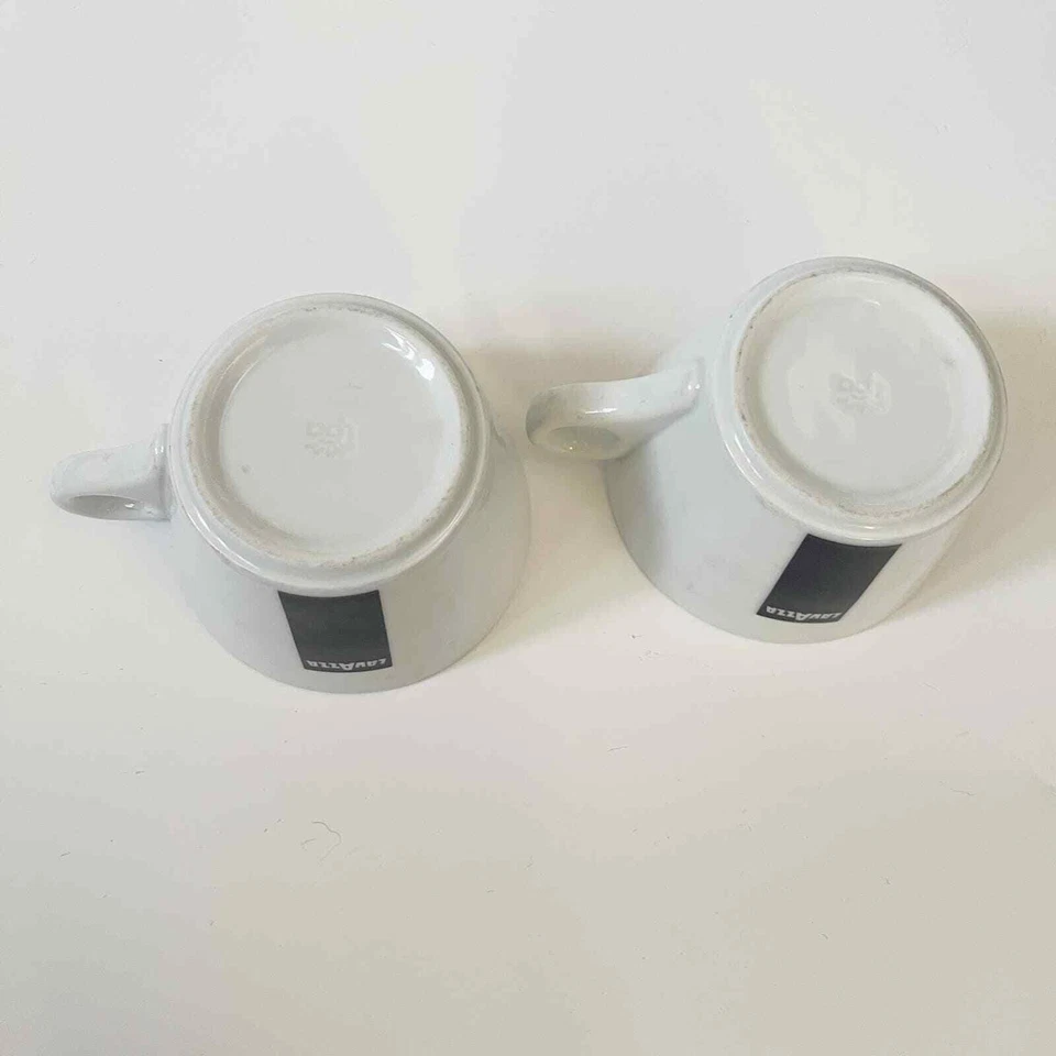 JUEGO DE 2 TAZAS DE CAFÉ LAVAZZA RESTAURANTE GRANDES 3.5" CINTA AZUL PORCELANA BLANCO Foto 4 de 4