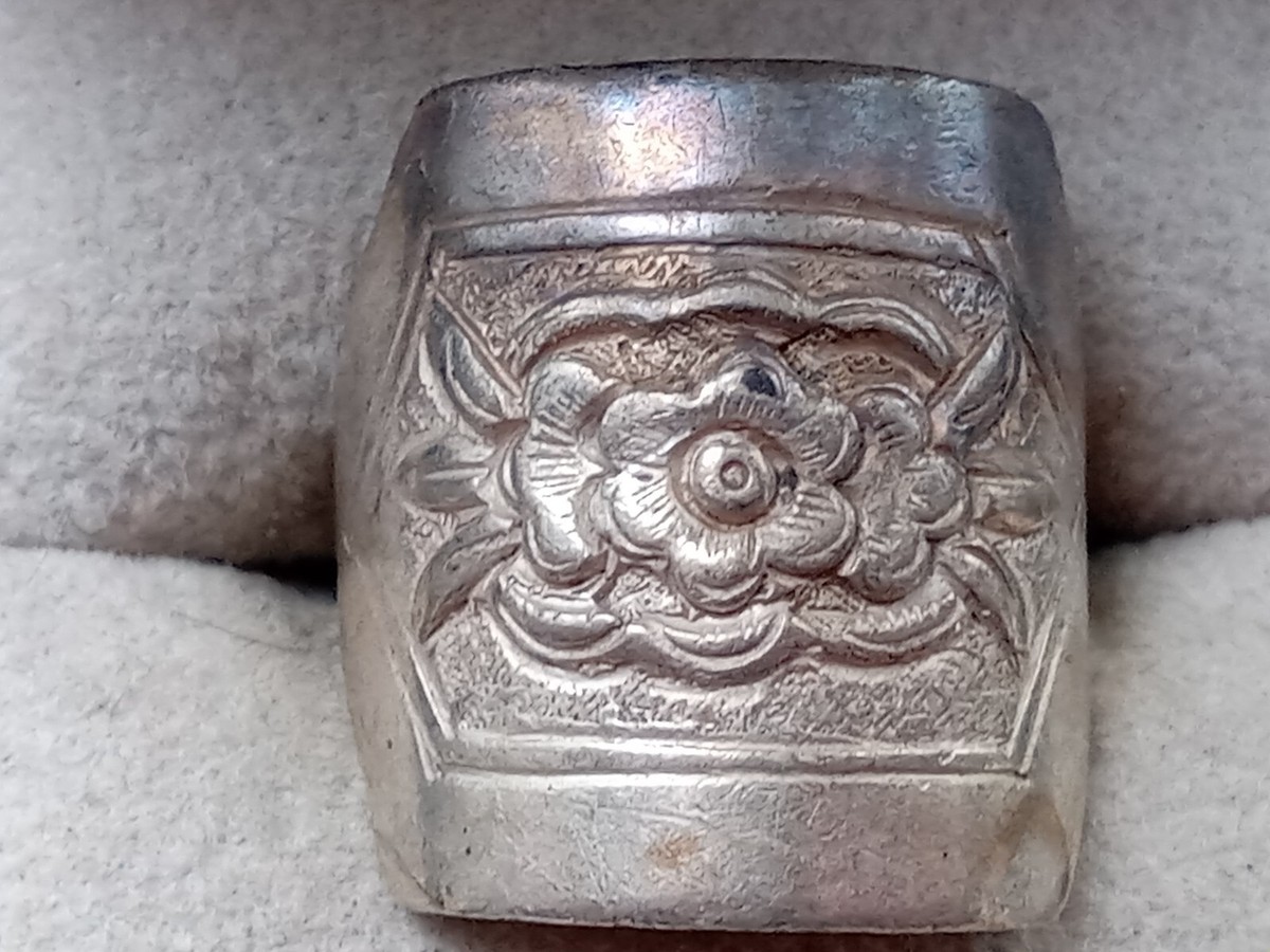 old Chinese Sterling Silver Flower Themed Ring, Adjustable Shank Style Size 6.25 View 2