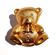 Scarf Ring Teddy Bear Vintage Gilded Metal Clear Rhinestone Eyes Modern Jewelry
