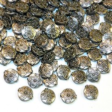 MBW765 Antiqued Silver 15mm Flat Round Flower Design Metal Beads 100pc