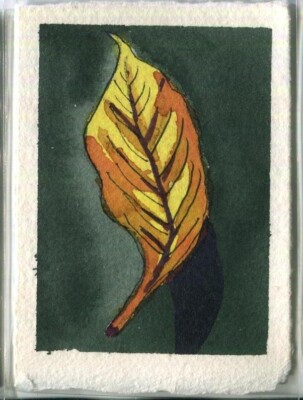 Aceo Leaf Autumn Foliage Folk Art Primitive Naive Cathy Ehrler Painting Art E