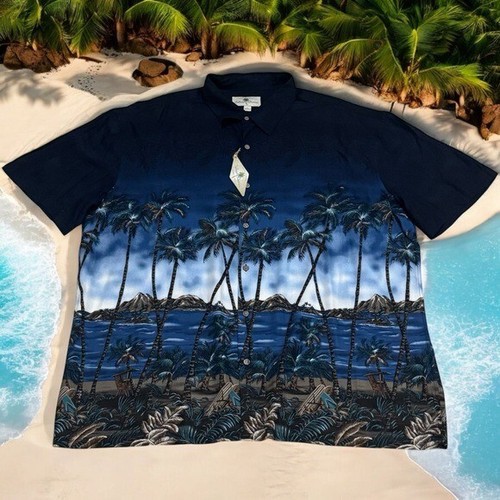NEW Island Shores Navy Blue Hawaiian Scenic Button up Coastal Vacation Size XXL