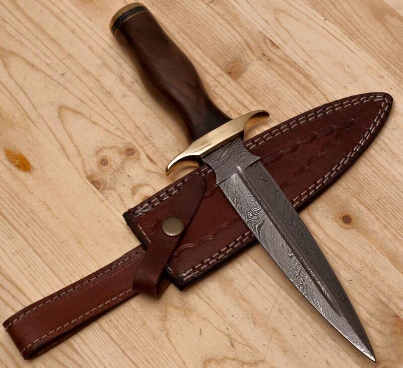 CUCHILLO DAGA BOTA HOJA FIJA TÁCTICA ACERO DAMASCO HECHO A MANO 11", MANGO DE MADERA