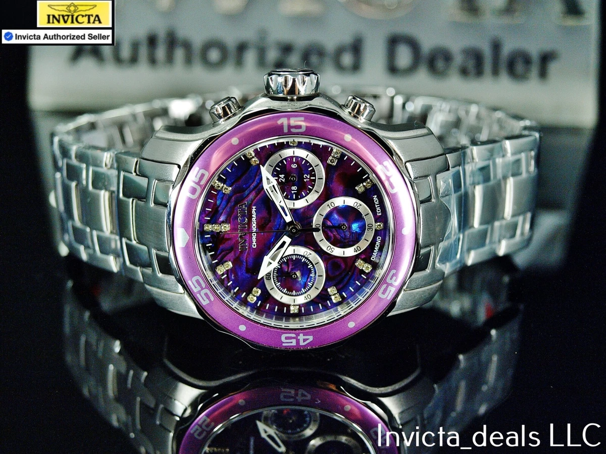 Invicta 38mm Pro Diver SCUBA Chronograph PURPLE ABALONE DIAL DIAMOND Ed SS Watch