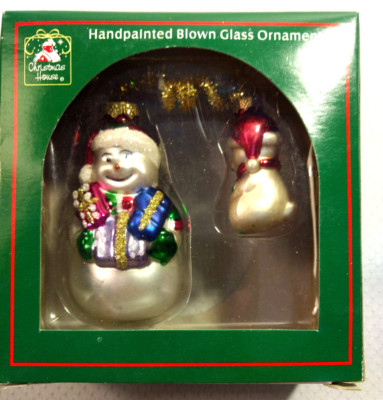 Vtg W/ Box 2 BLOWN GLASS CHRISTMAS Ornaments Snow Men 4'' & 2'' Tall