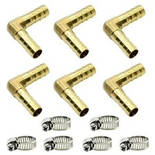 6 Pcs 5/16"  Hose ID/Hose Barb 90 Degree L Right Angle Elbow Union Brass + Clamp