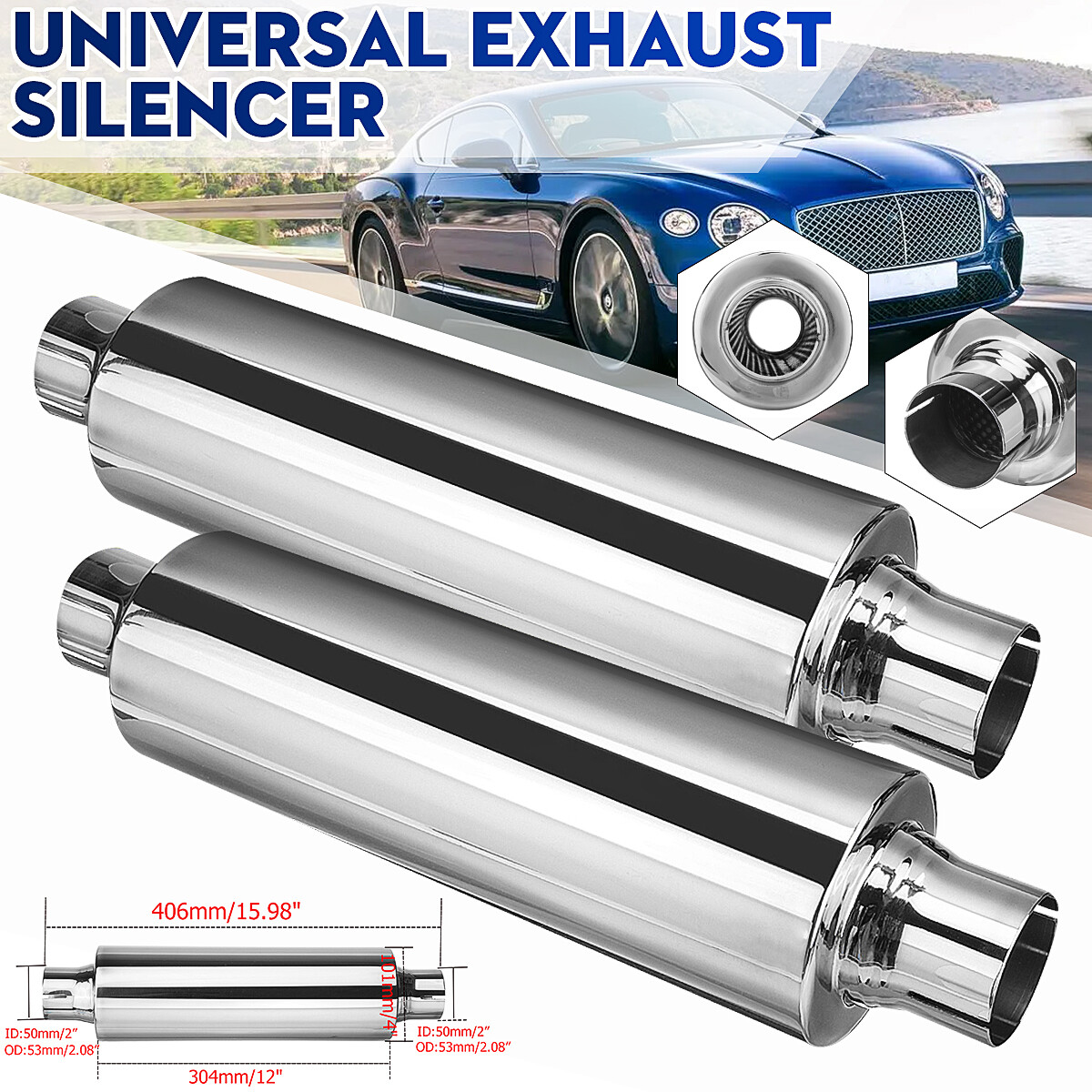 2" 50mm Universal Auto Auspuff Endtopf Schalldämpfer Edelstahl Lang
