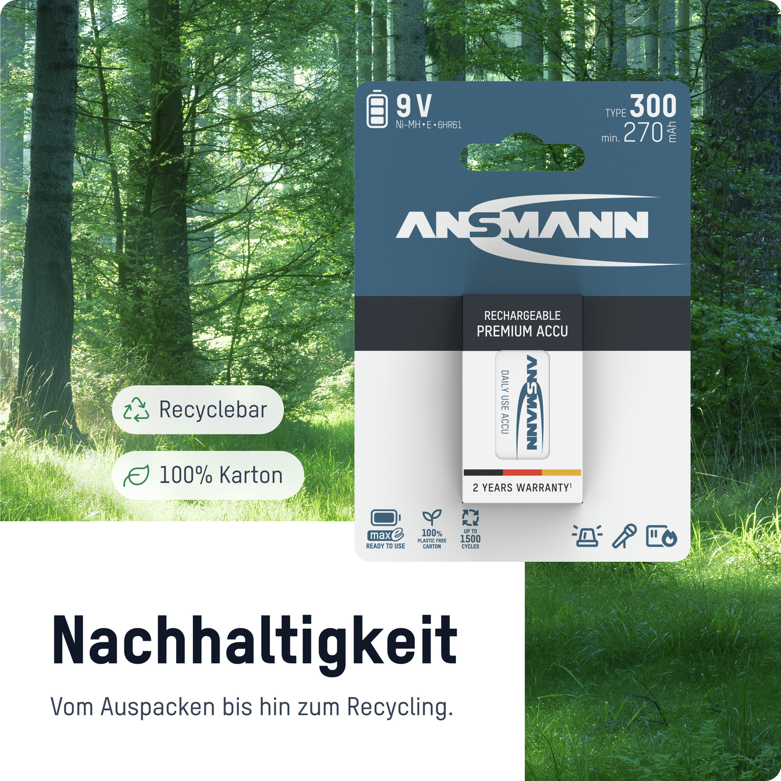 ANSMANN NiMH Akku 9V E-Block Typ 300 (min. 270 mAh) maxE 1er Blister