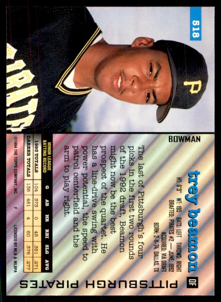 1994 BOWMAN TREY BEAMON PITTSBURGH PIRATES #518 - Image 2 of 2