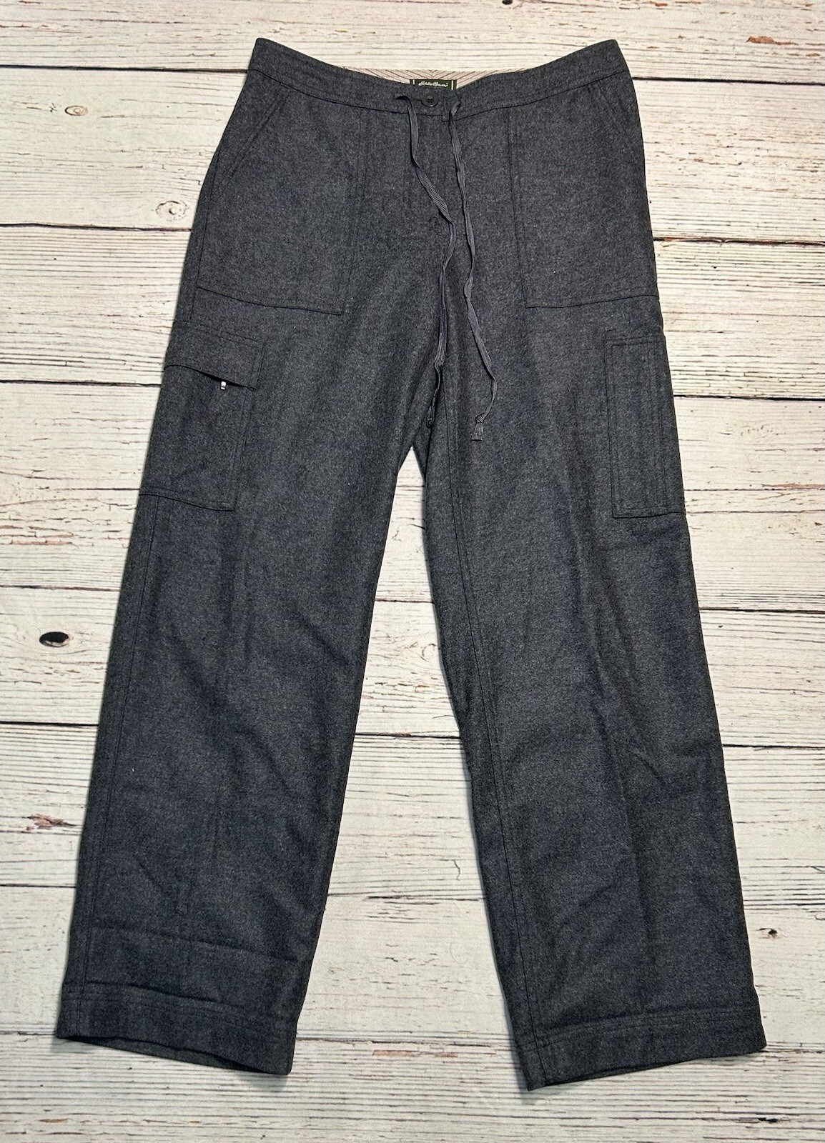 Vtg Eddie Bauer Wool Blend Women Pants Size 10 Gray Cargo Drawstring Y2K