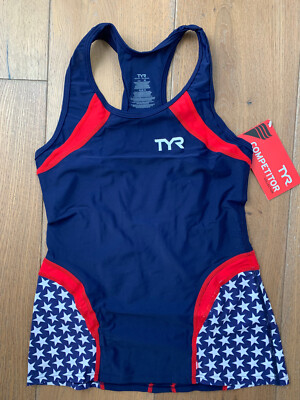 TYR Women's Medium Blue Red White Singlet Tank Patriotic Design Made in USA New