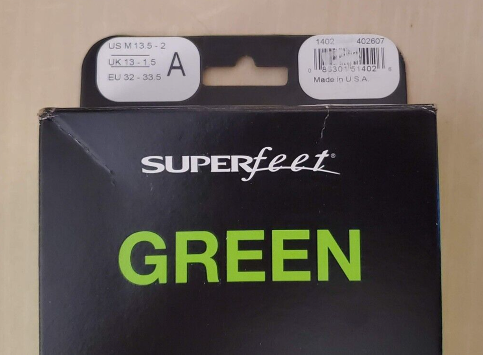Superfeet GREEN High Arch Orthotic Insole Shoe Inserts Sz A (Juniors US