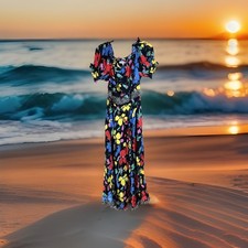 Rixo Off The Shoulder Women’s Maxi Dress Black Floral Size 14 Boho Chic Summer