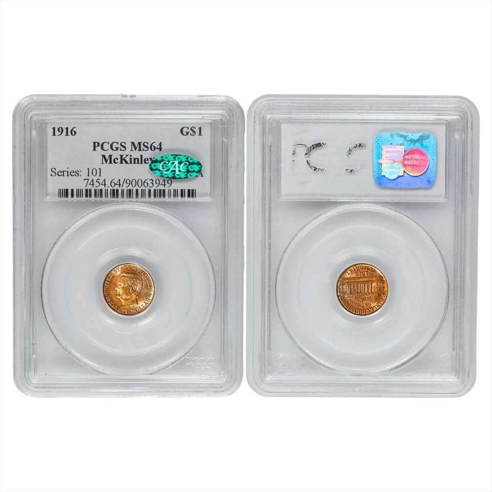 Dólar de oro McKinley Memorial 1916 $1 graduación profesional MS 64 CAC Foto 3 de 3