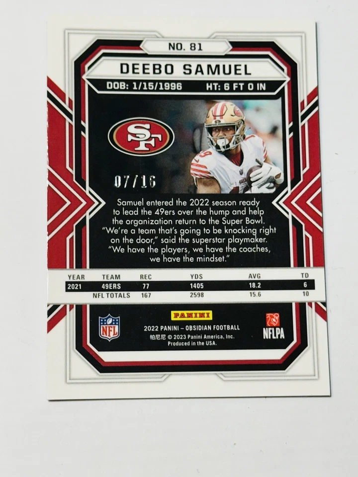 2022 Panini Obsidian - Deebo Samuel #81 Electric Etch Purple Flood SSP  /16🔥 - Image 4 of 4
