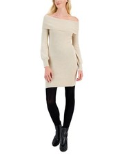 Hippie Rose Womens Long Off-Shoulder Dress, medbeige, XS