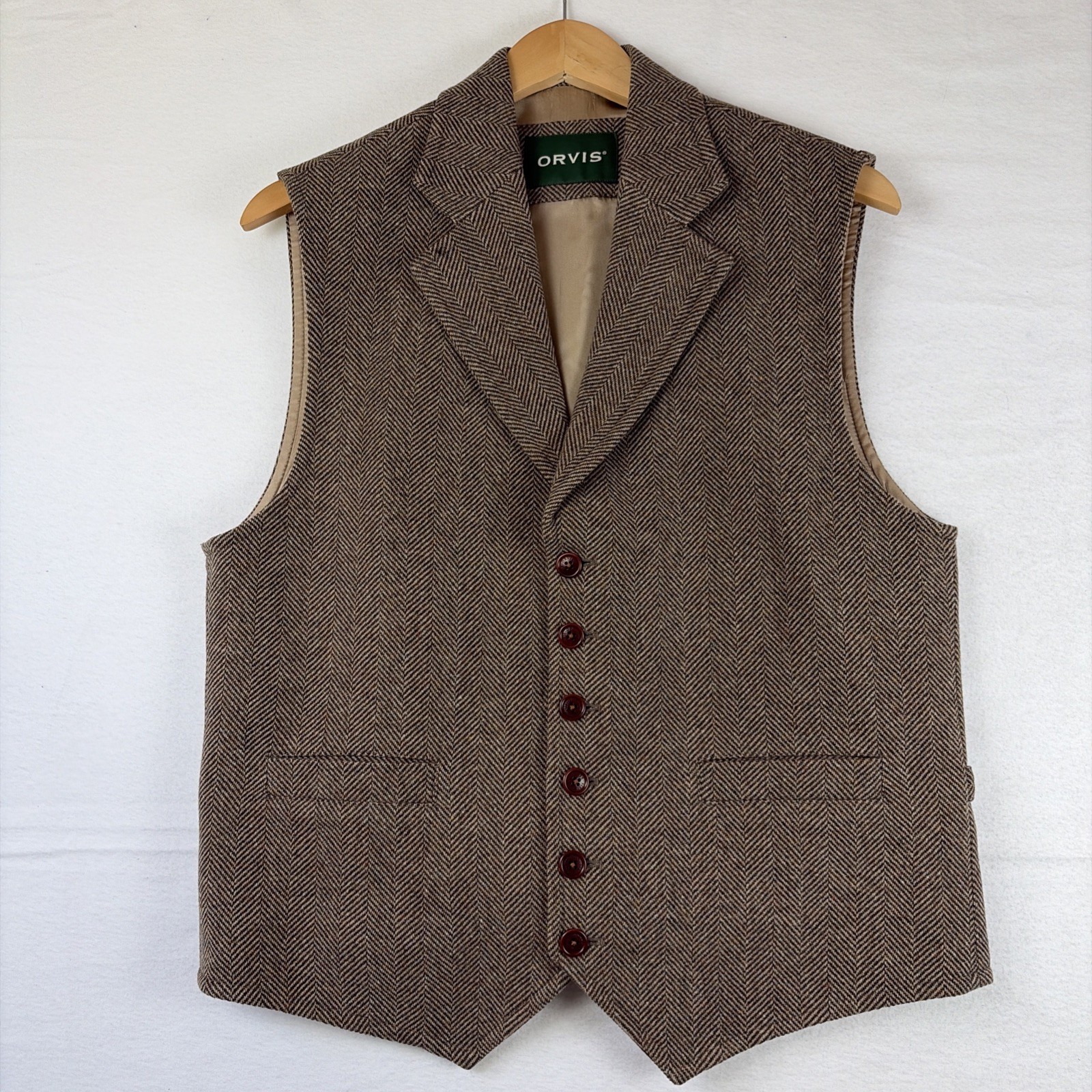 Orvis Wool Blazer Vest Men's Medium Brown Herringbone Waistcoat Belted Western
