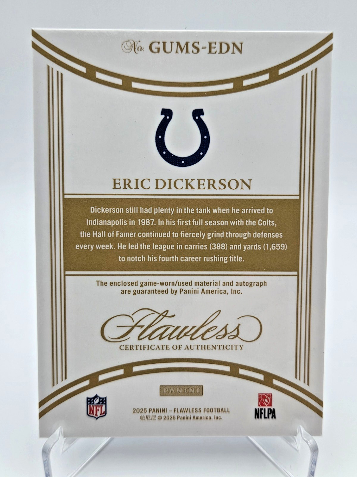 2025 Panini Flawless Eric Dickerson Game-used Auto Blue 2/15 Colts COLOR MATCH view 3