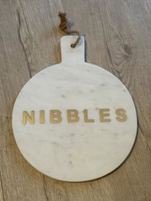 Marble Cheese Board with Handle & Rope – Gold “NIBBLES” Snack Platter