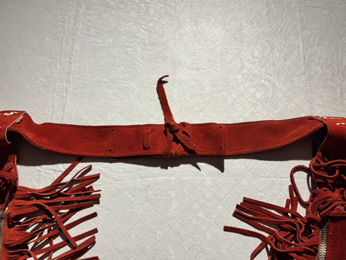 Frangia vintage scamosciata pelle rossa western cowboy chaps impreziosita cerniera LG - Foto 7 di 16