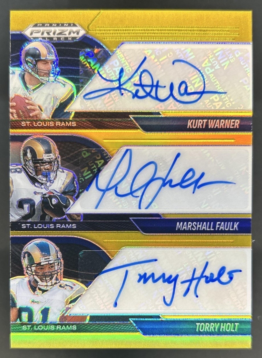 2025 Prizm Black Kurt Warner Marshall Faulk Torry Holt Triple Auto Gold #/10 view 1