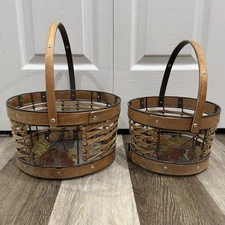 2 Wicker Wire Baskets Large & Medium Fall Autumn Leaves Moveable Handles Rivets