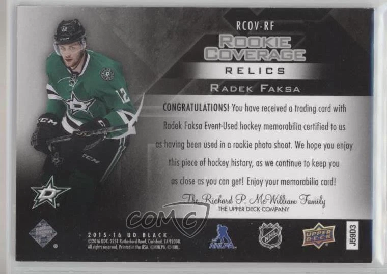 2015-16 UD Black Rookie Coverage Relics Radek Faksa #RCOV-RF RC - Image 2 of 2