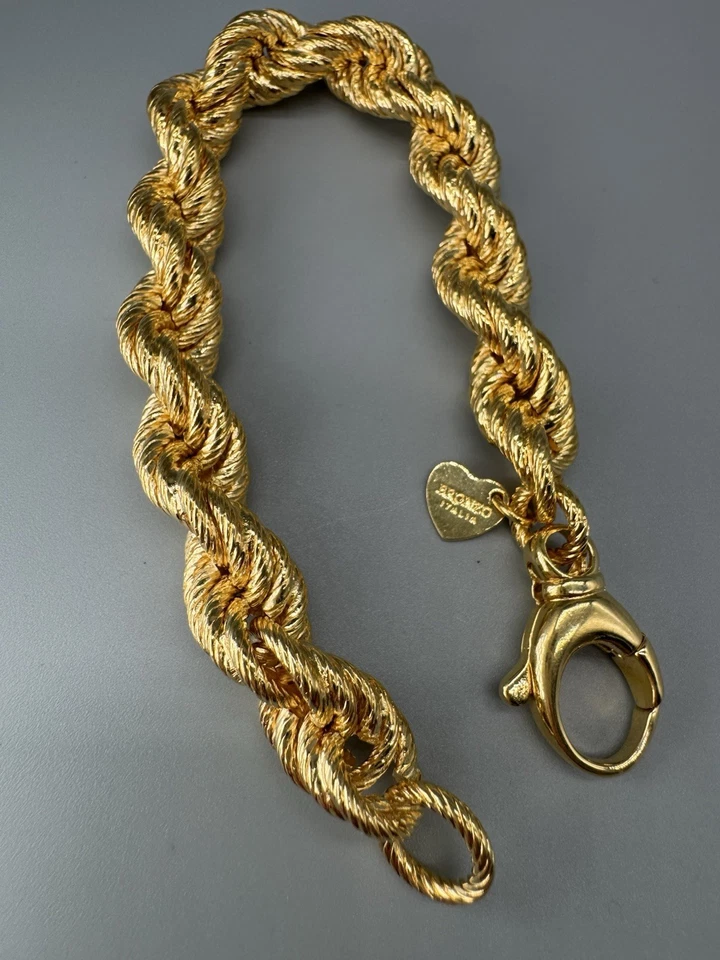 "Brazalete de cadena trenzada de cuerda ancha gruesa chapada en oro Milor Italia bronce 6,75""" Foto 4 de 4