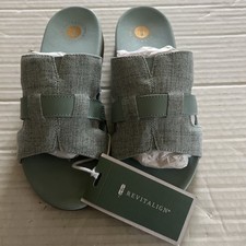 Image of Revitalign Orthotic Linen & Leather Slide Sandals Lisbon Blue 7.5W New