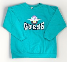 Vintage 80s Guess Sweatshirt Pullover Sweater Blue Made In USA Embroidered Large