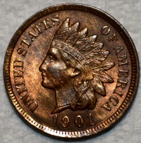 Brilliant Uncirculated 1901 Indian Head Cent, Richly Hued, Red-Brown specimen.