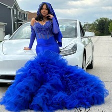 Royal Blue Ruffles Prom Dresses Lace Crystal Beaded Mermaid Evening Party Gowns