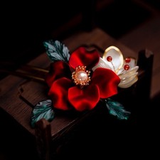 Red Rose Hairpin Pearl Comb Hanfu Bridal Vintage Hair Accessory