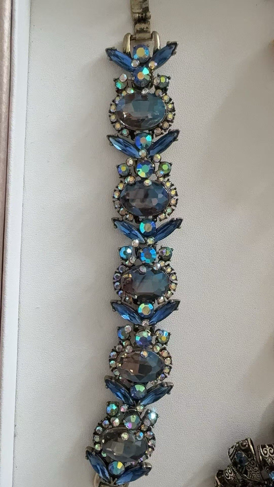 Vintage Blue AB Rhinestone Statement Bracelet Silver Tone