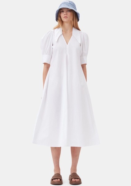 GANNI White 100% Cotton Midi Dress - Size 42 / Aus 14 - Short Sleeve Dress