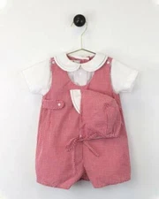 Petit Ami Red Gingham Romper with Side Tabs and Hat  3 6 9 Months