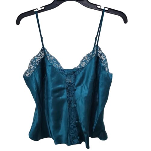 Victoria's Secret Vintage 80s 90s Gold Label Teal Satin Button Up Cami Top Sz M
