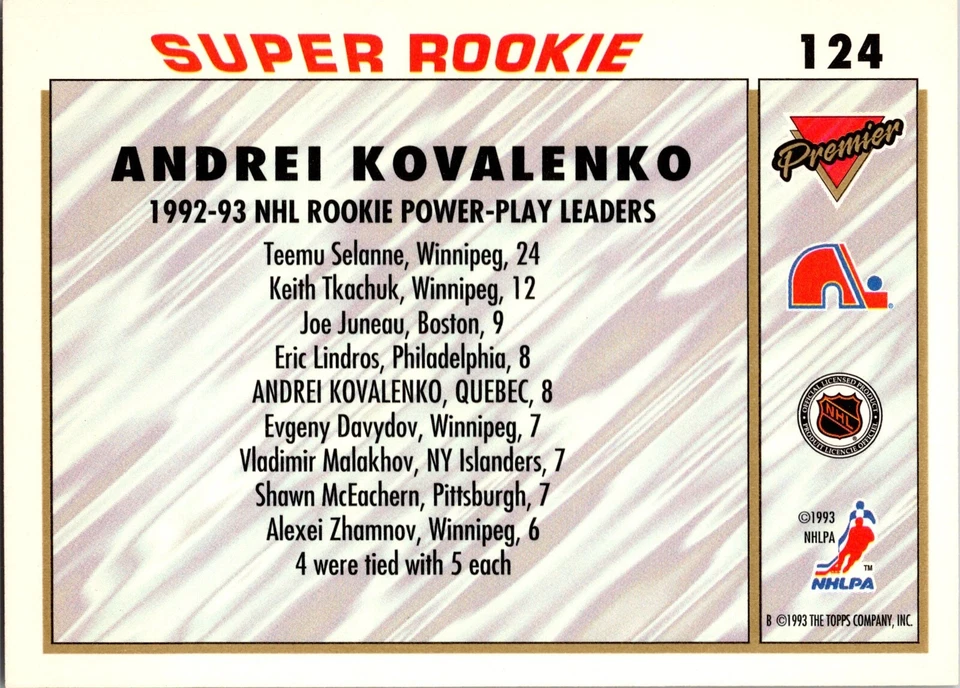 1993-94 Topps Premier - Andrei Kovalenko #124 - Image 2 of 2