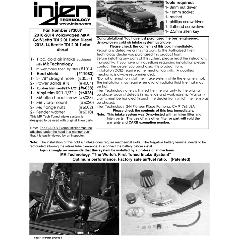 Воздухозаборник холодного воздуха Injen SP3009P Short Ram для 2010-2015 VW Golf Jetta 2,0 л дизельный - Изображение 4 из 4