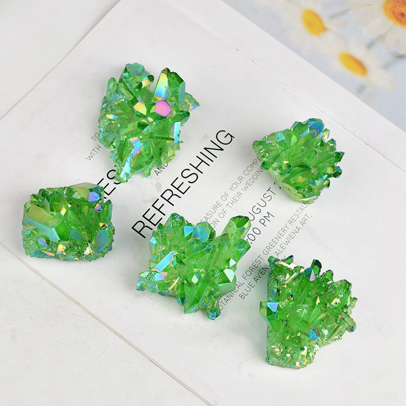 50g Natural Aura Green Titanium Stone Quartz Crystal Cluster Spiritual Healing