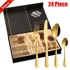 24 Pcs Flatware Cutlery Set Stainless Steel Silverware Set Service for 6 Kitchen
