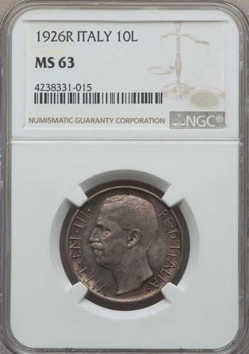 1926 R Italy 10 Lire, NGC MS 63, Scarce in MS