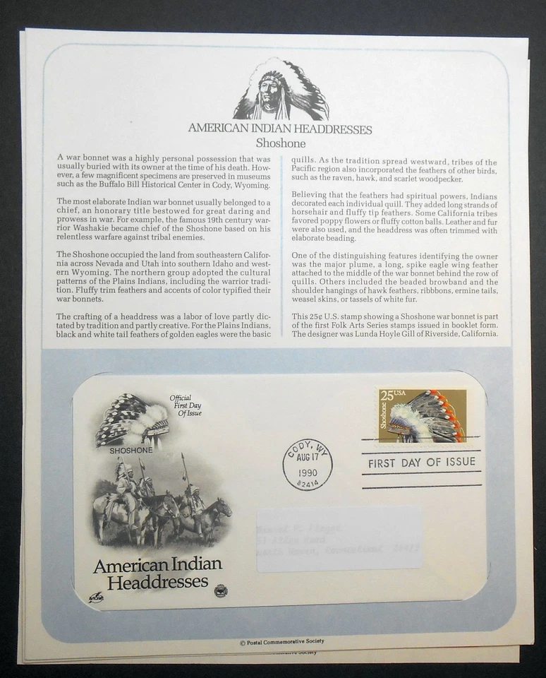1990 Historic Indian Headdresses Sc 2501-5 2505a FDCs PCS informative pages - Image 4 of 4
