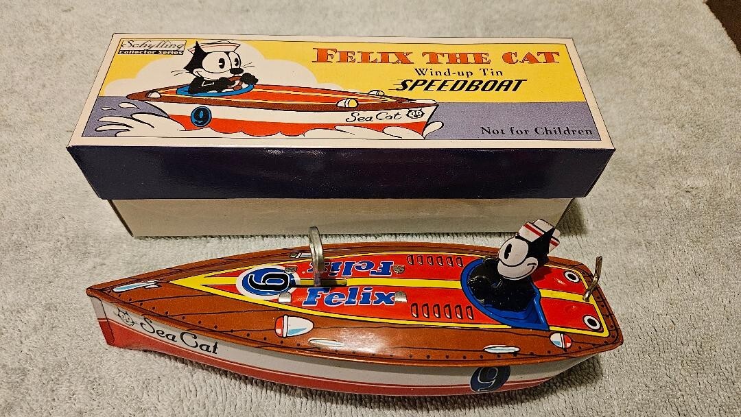Felix The Cat Tin Toy Litho Wind up Speedboat 1996 Schylling