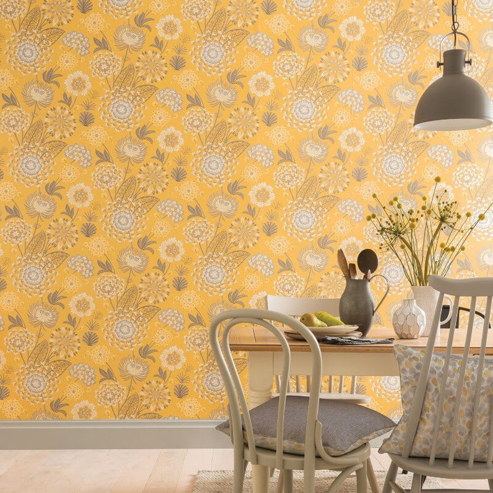 Arthouse Vintage Bloom Floral Wallpaper Retro Flower Mustard Yellow