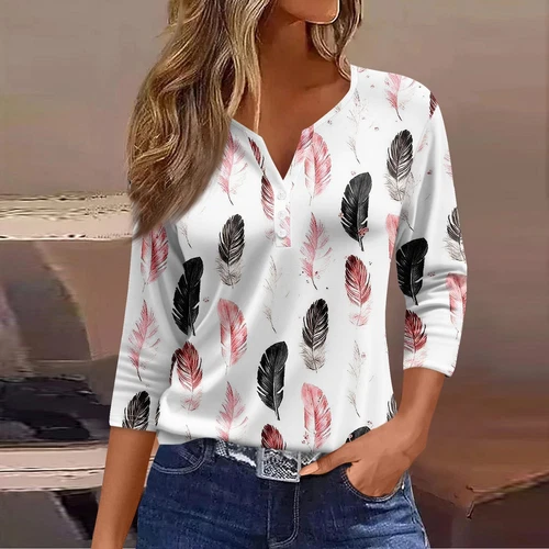 Womens Tops Casual Blouses Tops 3/4 Sleeve V Neck Tunic Top Loose Button T Shirt - Picture 12 of 18