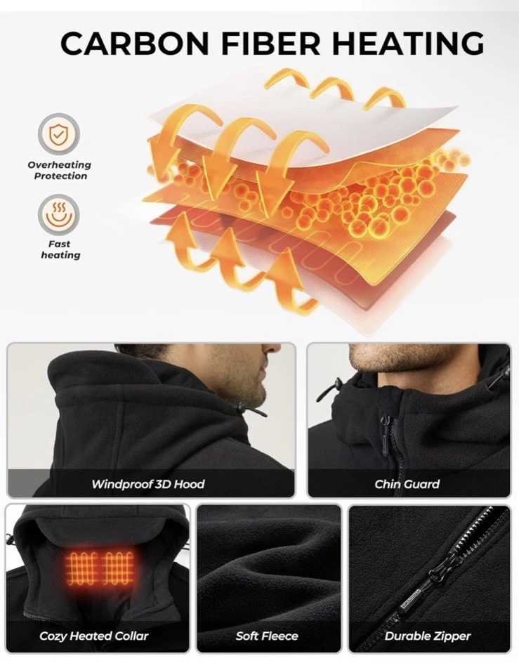 Mens Heated Jacket with 16000mAh Battery Pack Fleece Heated Hoodie Sz Large image 4
