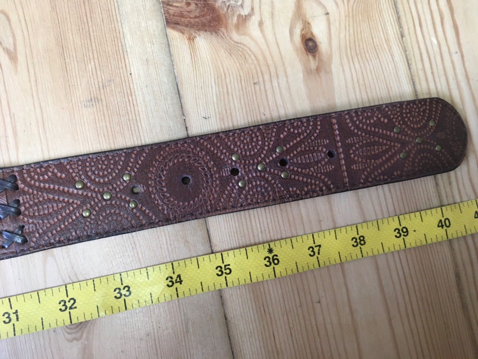 Fossil brown leather patchwork belt embossed stud… - image 14