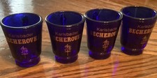 4 BLUE GLASS SHOT GLASS SET  KARLSBADER BECHEROVKA  W.GERMANY Vtg 1980